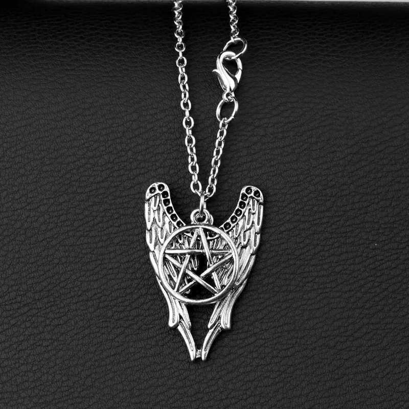 Retro filme sobrenatural colar pentagrama pentagrama castiel asas de anjo vintage antigo prata cor pingente amuleto jóias me