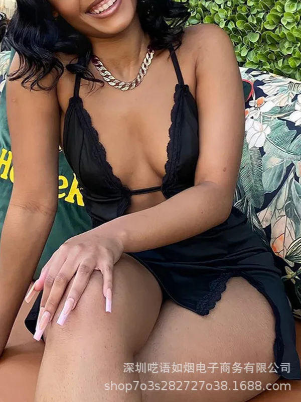 Vestido Mini Sexy de Renda com Fenda, Vestido Bodycon Chic Europeu para Festas, Vestido Elegante Curto com Alças Finas