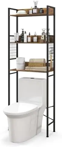 

Over-The-Toilet , 3-Tier Bathroom Space Saver with 3 Hooks, Industrial Tower Rack for Restroom, Kitchen, Freestanding Bathroom