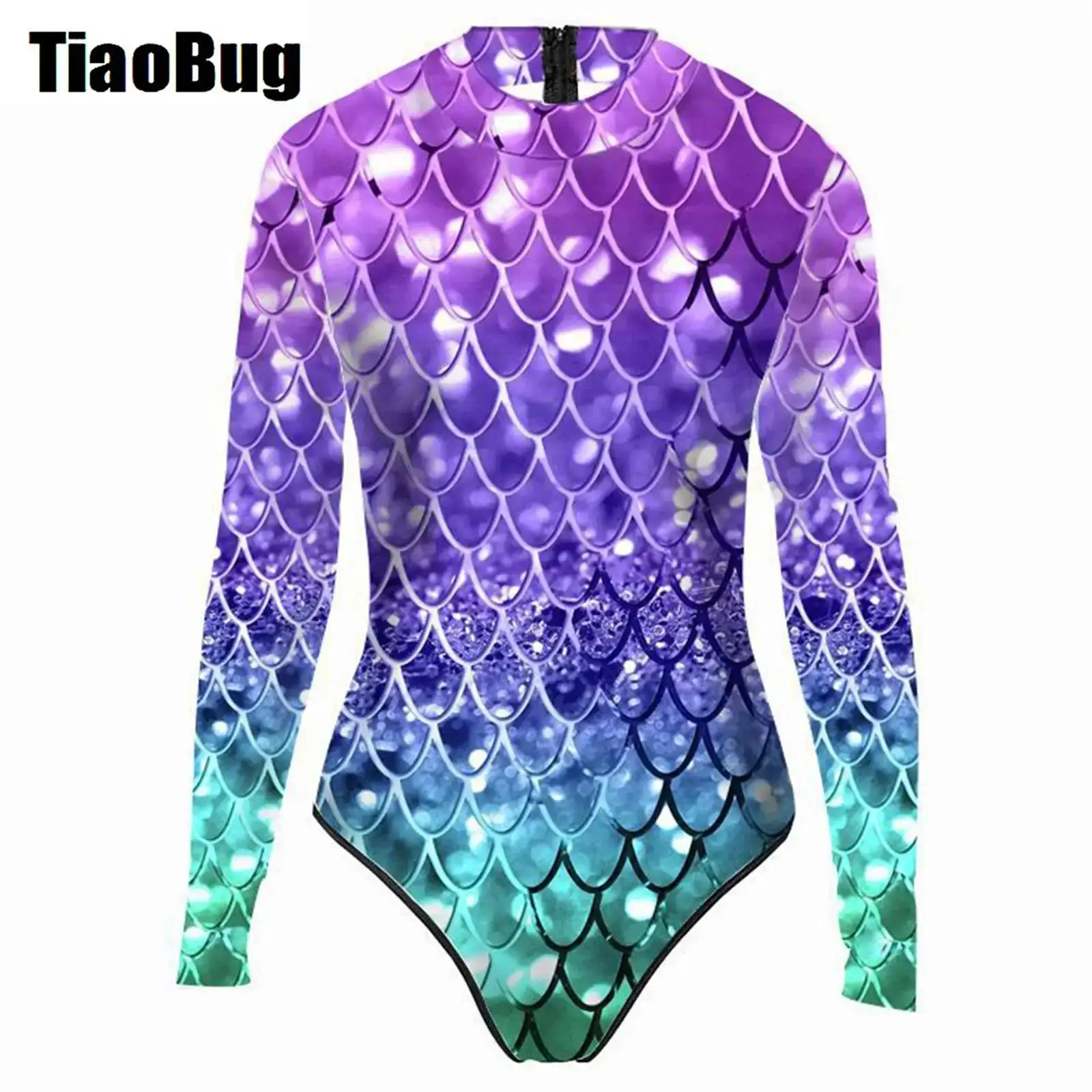 Women Fish Scale Print Mermaid Swimsuit One-piece Bathing Suit Long Sleeve Pool Party Beachwear Surfing Diving Swimwear