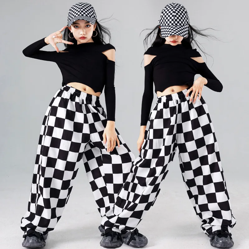 

Girls Hip Hop Off Shoulder Crop Top Plaid Joggers Pants Clothes Kids Streetwear Sets Children Jazz Street Dance K-pop Costume