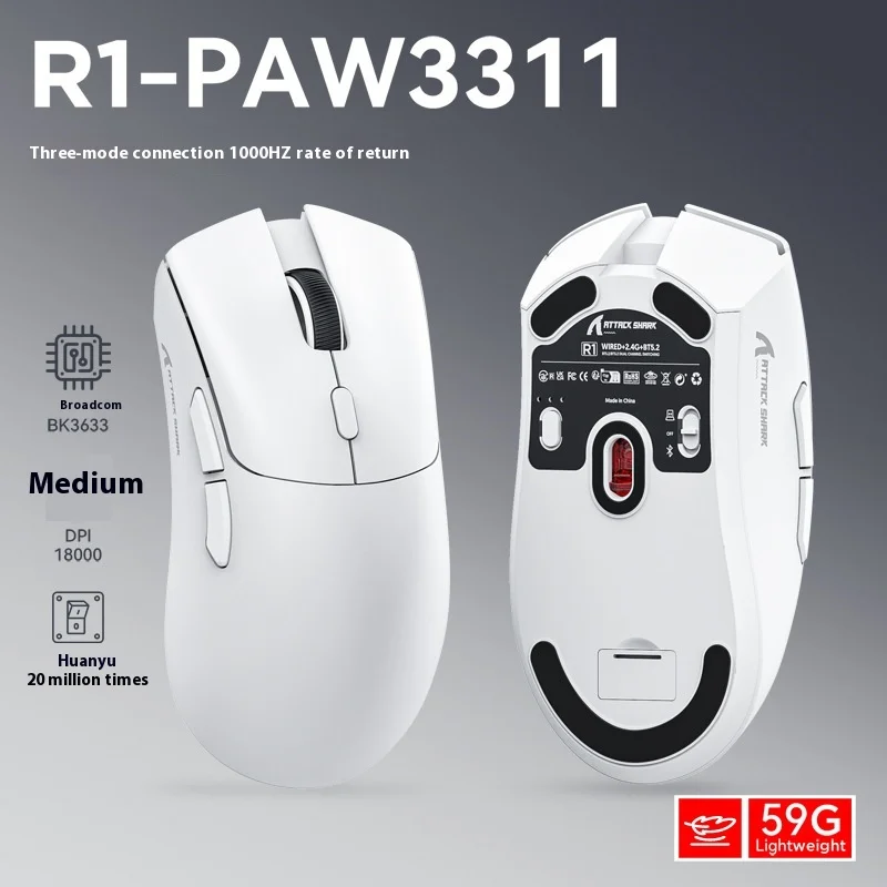 Attack Shark R1 59g Superlight Mouse Pixart Paw3311 Gaming Sensor Dpi 18000 300 Mah Battery/2.4g Wireless/Wired Gaming Mouse