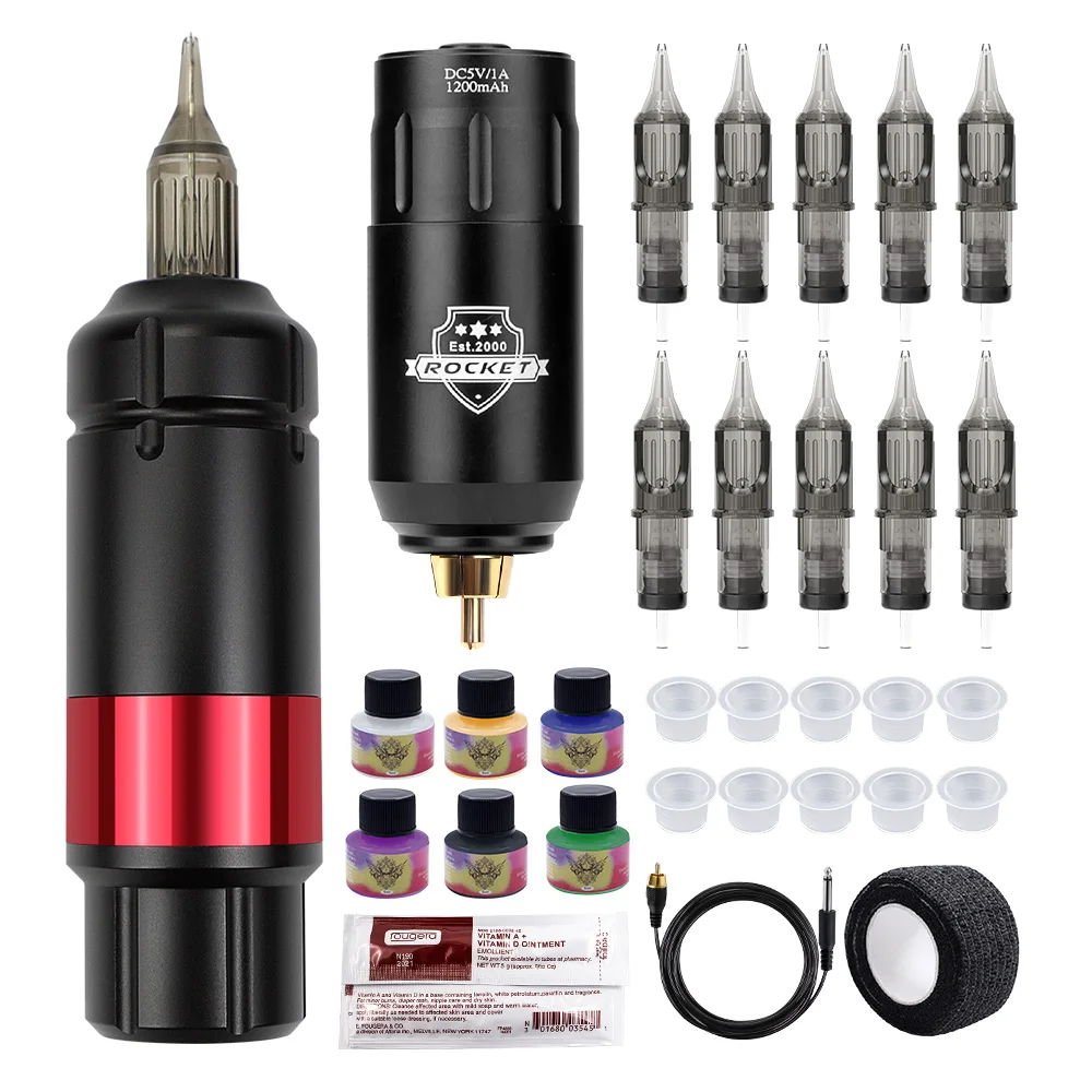 Wireless Tattoo Kit Complete Tattoo Machine Cartridge Needles Power Supply Inks Rotary Tattoo Pen Set Wireless Tattoo Kit