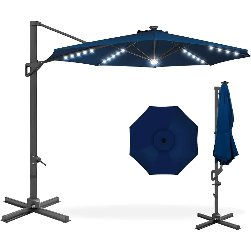 

10ft Solar LED Cantilever Patio Umbrella, 360-Degree Rotation Hanging Offset Market Outdoor Sun Shade for Backyard, Deck