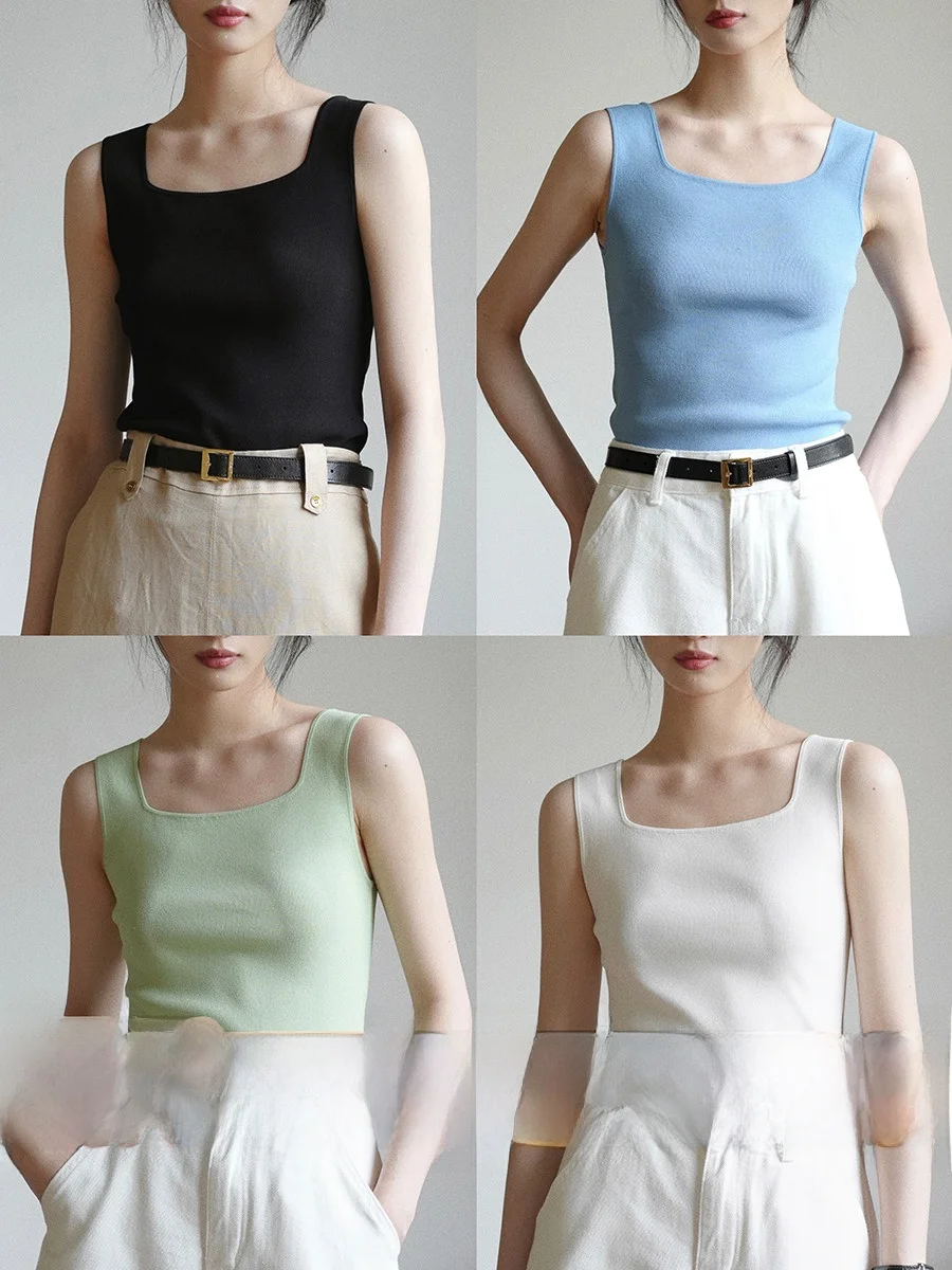 

Ginnkee Square Collar Svel Knitted Ice Silk Vest Women's Beautiful Ba ort Inner Wear Outer Wear Commute Sle Slim Fit