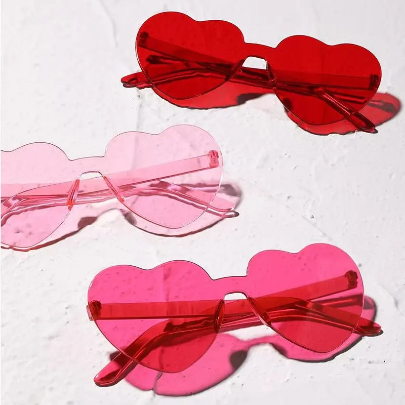 3Pcs Love Heart Shape Sunglasses Jelly Color Frameless Heart Shaped One-piece Glasses Dazzling Color Party Festival Teen Glasses