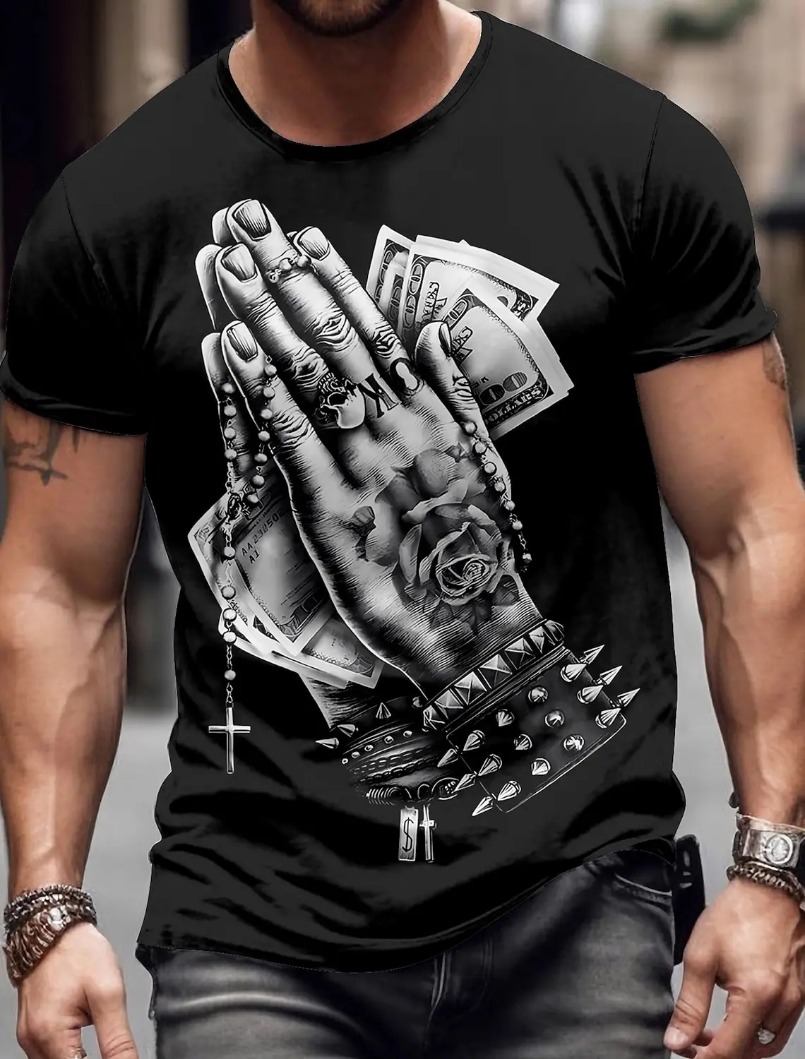 2024 Graphic Cross Money Casual Men's 3D Print Casual Holiday T shirt Black Burgundy Green Short Sleeve Crew Neck T-Shirts