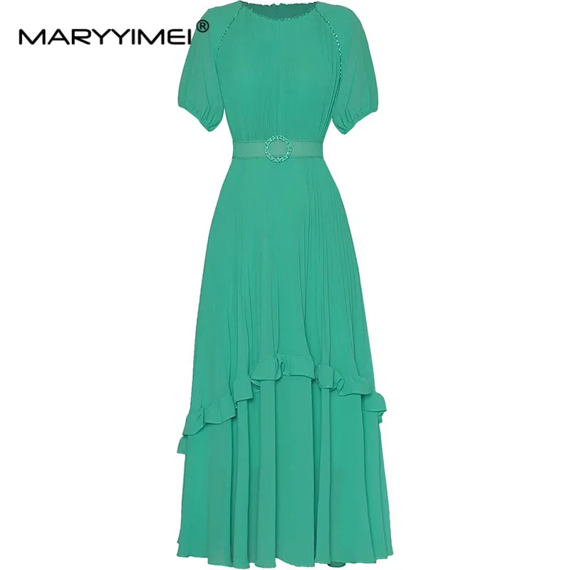

MARYYIMEI Fashion Design Spring Summer Women's Short-Sleeved Beading Lace-UP Flounced Edge Folds High Street Solid Color Dresses