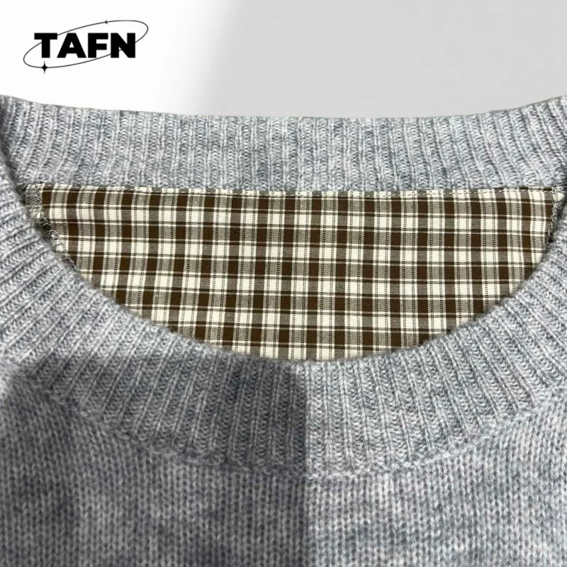 Women's Gray Mixed Wool Plaid Splicing Knitwear Stylish Button Front Knit Sweater, Lightweight & Comfortable for WinterAH0250