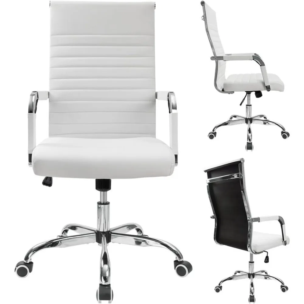 Ribbed Office Desk Chair Mid-Back PU Leather Executive Conference Task Chair Adjustable Swivel Chair with Arms