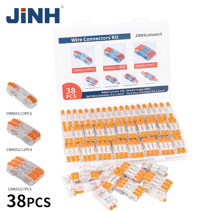 

JINH 38Pcs CMK65 Lever Connector Nuts Assortment Pack Quick Splicing Electrical Terminal Blocks Standard Multiple In Out Wiring