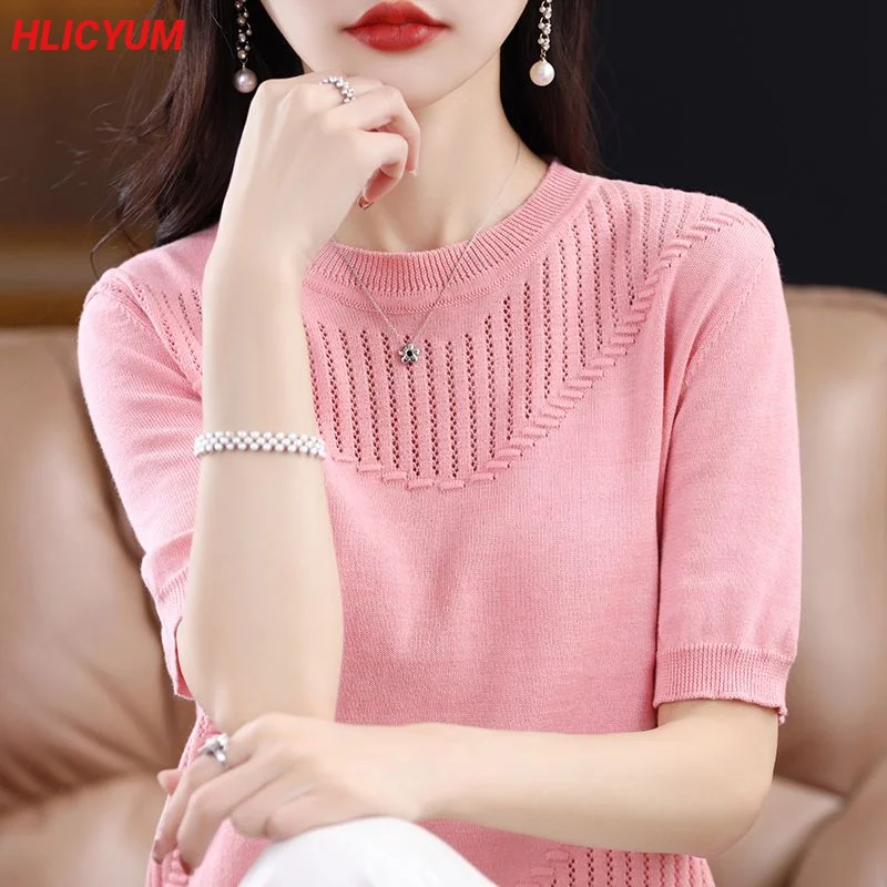 Women\'s T-shirt 2023 New 100% Cotton Short Sleeve Casual Solid Knit Pullover Ladies Tops Loose Tees Hollow Round Neck Blouse