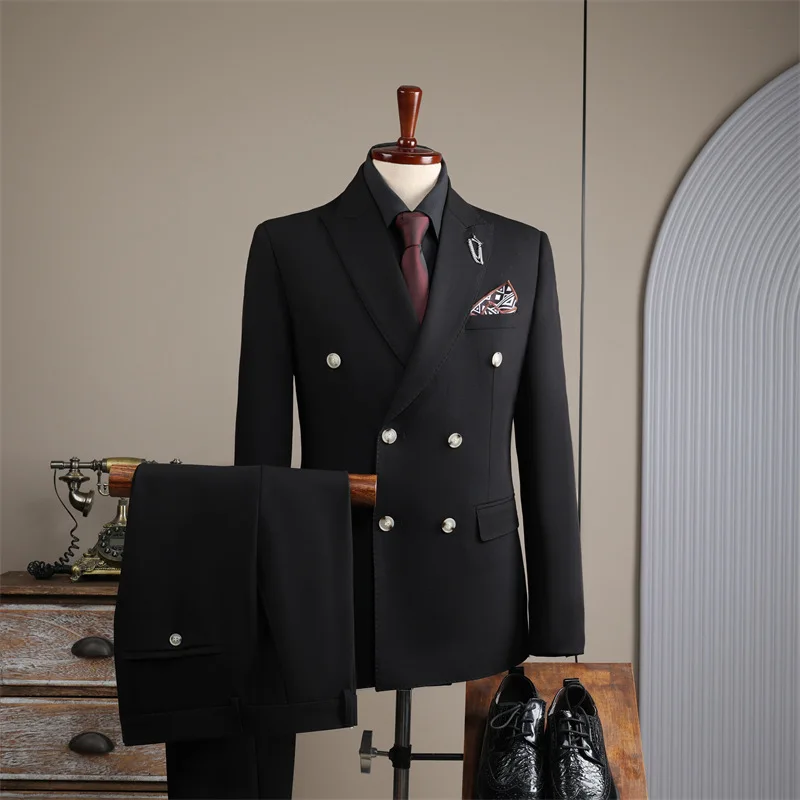 

Men Suit Outfit Double-breasted Long Sleeve Blazer Man Straight-leg Pant Male Simple Solid Color Business Casual 2-piece Suits