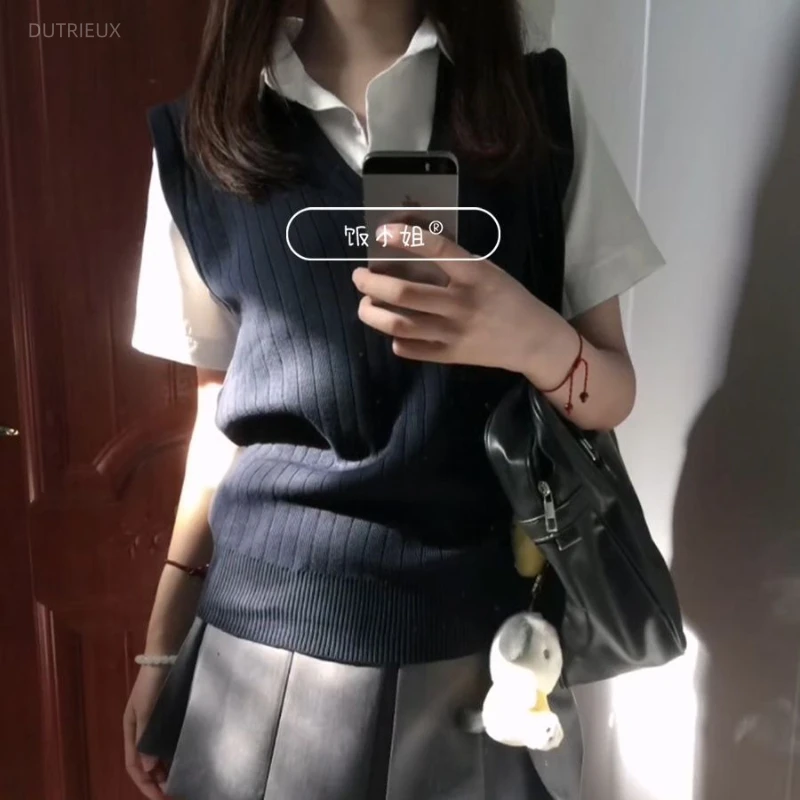 Preppy Style Autumn Fashion Simple All Match V Necl Sleeve Knitted Vest White Turn Down Collar Basic Blouse Y2k Casual Clothes