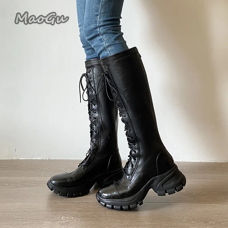 

Women's Cross Lace Up Knee-High Leather Boots Platform Wedges Heel Black Riding Boots for Women Fashion Shoes Plush Botas Mujer