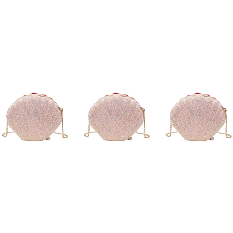 

【SEE】3X Women Girls Little Mermaid Seashell Purse Cross-Body Shoulder Bags Glitter Sequins Chain Evening Purse, Pink