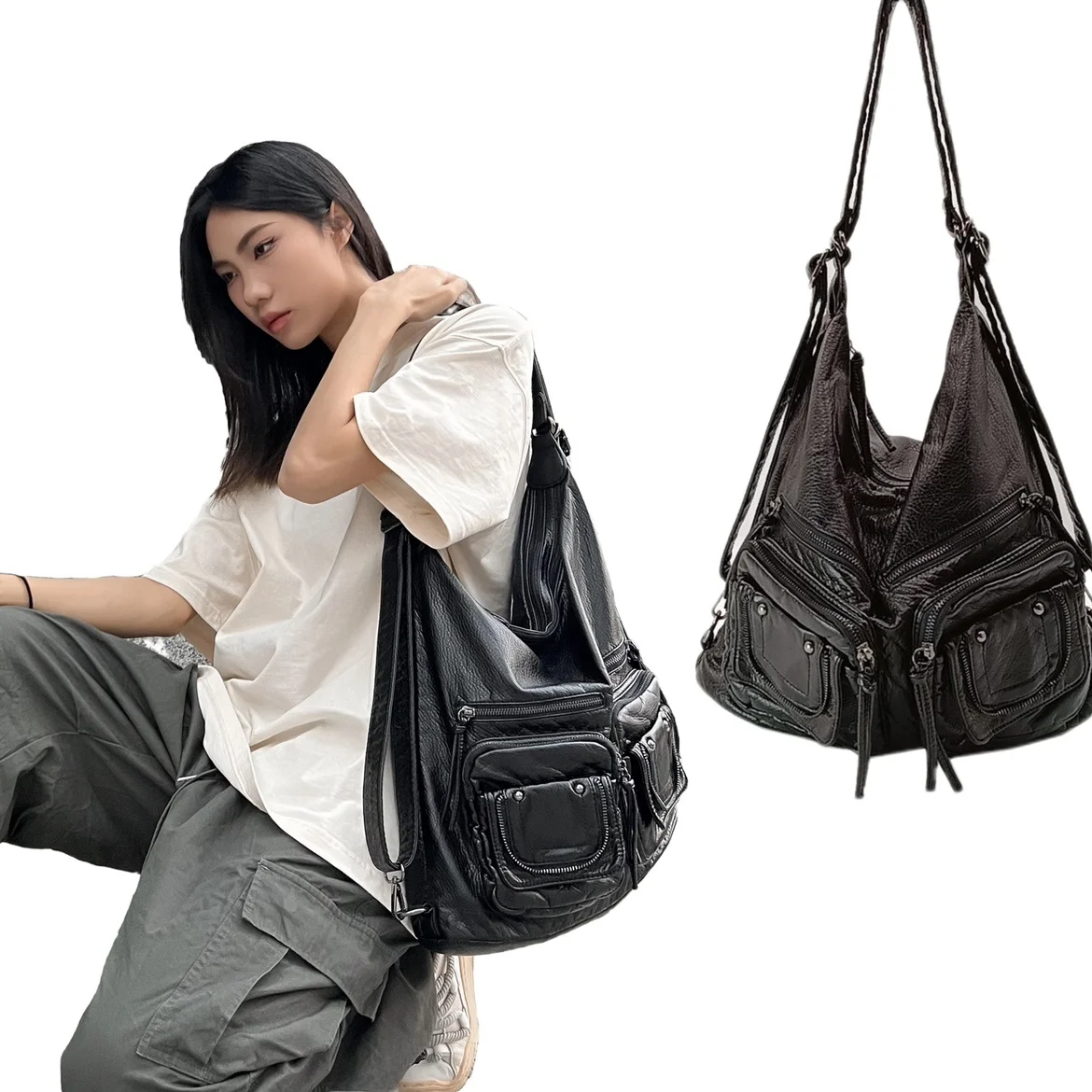 

Sunshine Original Subculture High Sense Motorcycle Single Shoulder Bag Retro Spicy Girl Double Shoulder Bag Soft Leather Comm...