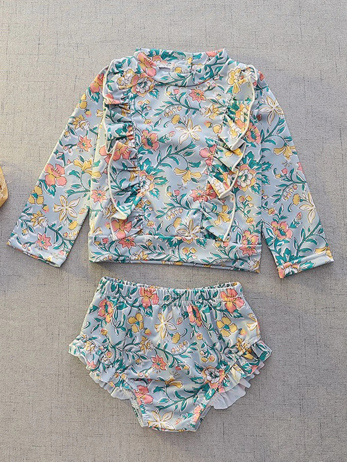 

Girls' Bathing Suit Floral Pattern Ruffled Detail Long Sleeve Quick Dry Breathable Water Activities Vacation
