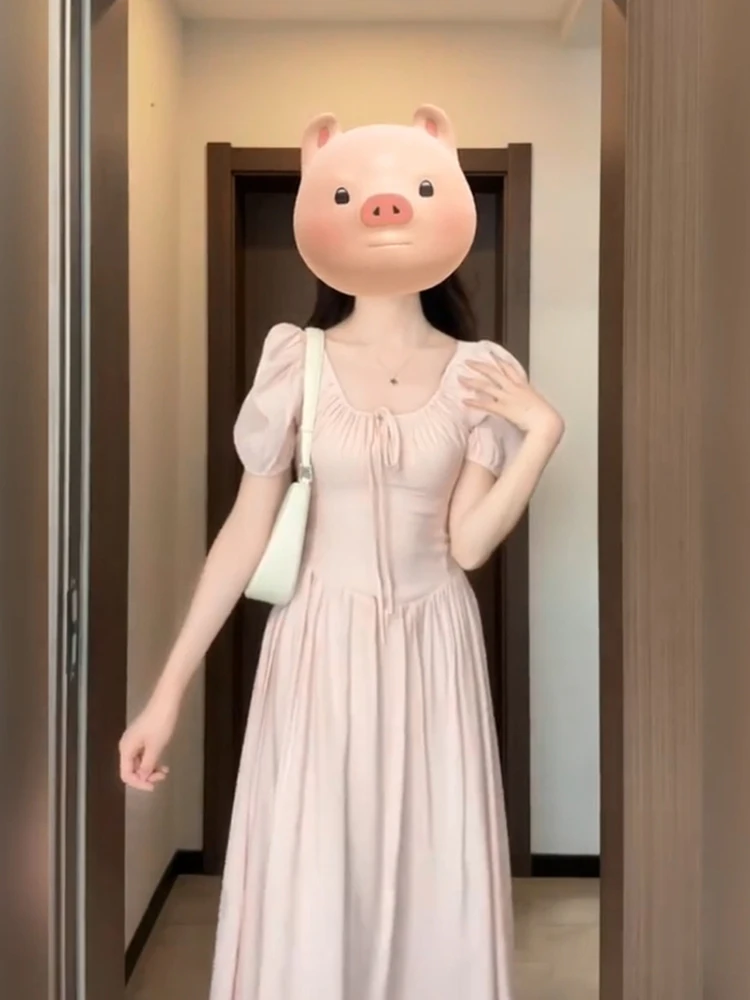 

XZY Ele Pink Chiffon Dr Женская летняя нежная длинная юбка-трапеция во французском стиле, большие размеры, повседневная, с V-образным вырезом, короткий рукав