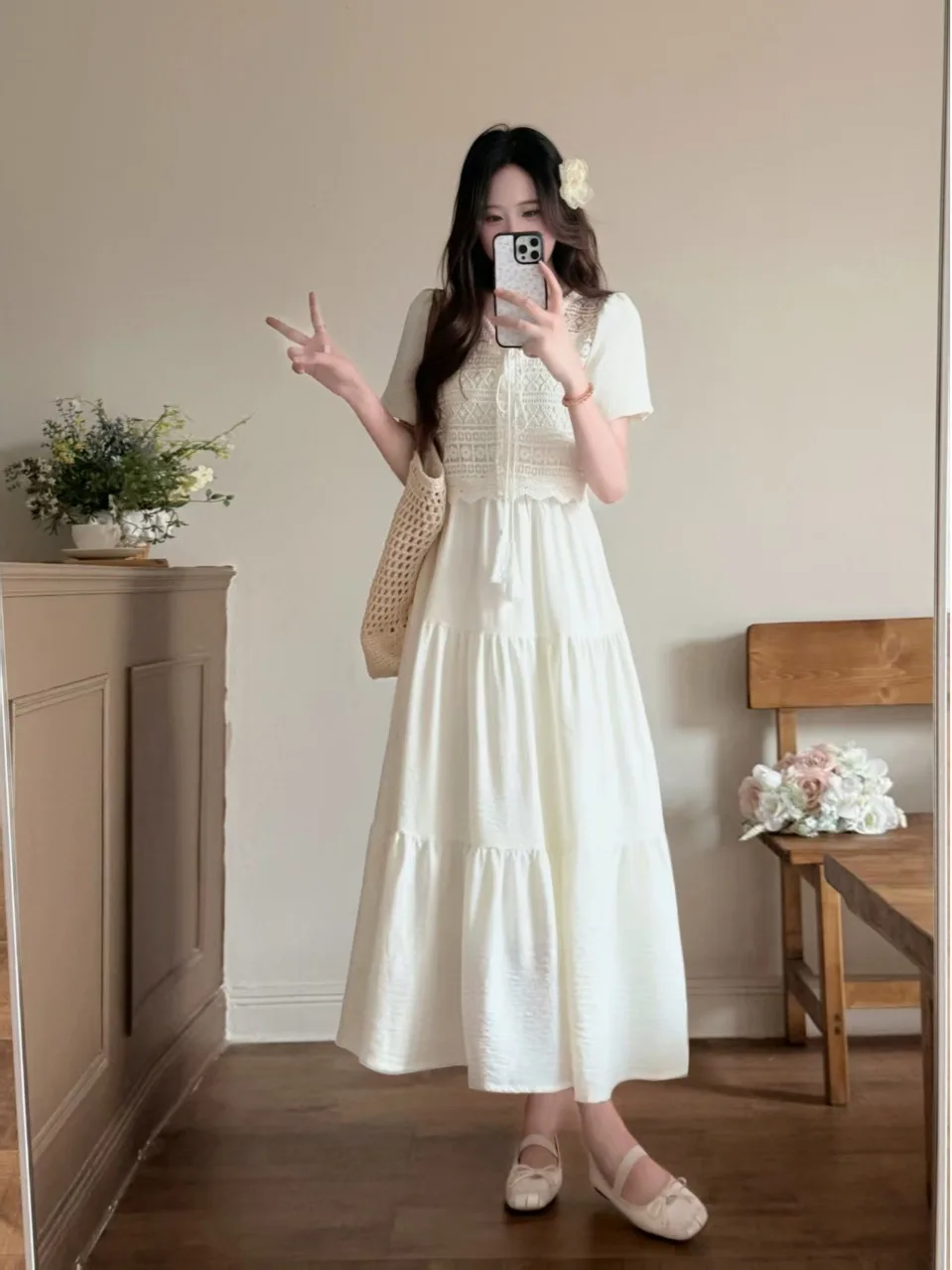 

plus Size Lace Splice Long Dress Summer New Style Waist Cinching Slim Design Sense Bow Tie Dress Korean Style Bubble Sleeve