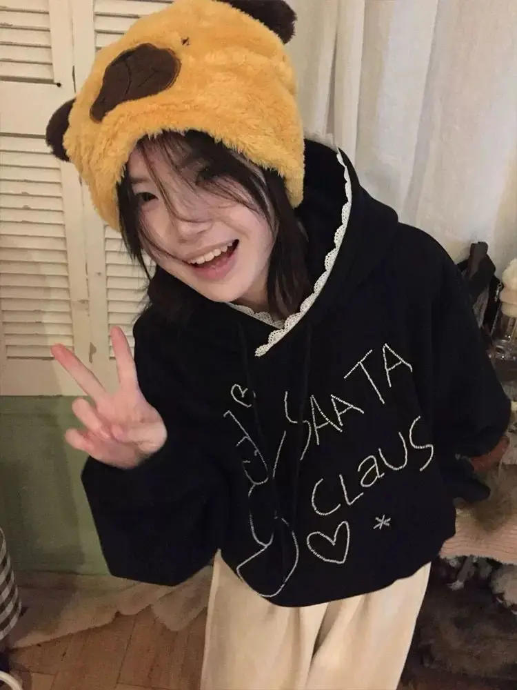 

Loose Women's Hoodie Bla Lace Splicing Oversize Long Sve T-irt Sle Winter Faion Casual Streetwear