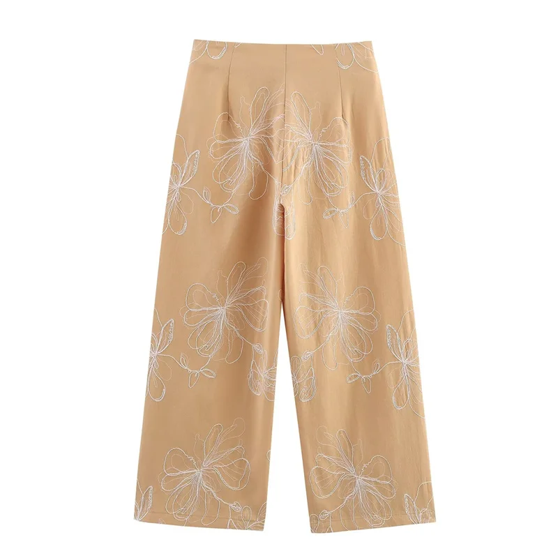 KEYANKETIAN Wiosna/Jesień 2025 Nowe Damskie Spodnie Proste z Haftem Kwiatowym, Styl Pastoralny, Zapinane na Zamek, z Wysokim Stanem