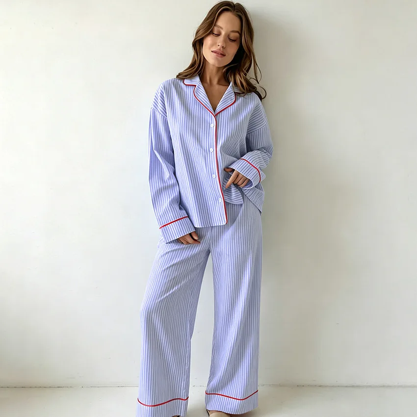 Women 100% Cotton Striped Pajamas Set Long Sleeve Shirt Long Pants Notch Collar Sleepwear Soft Casual Loungewear Home Clothes