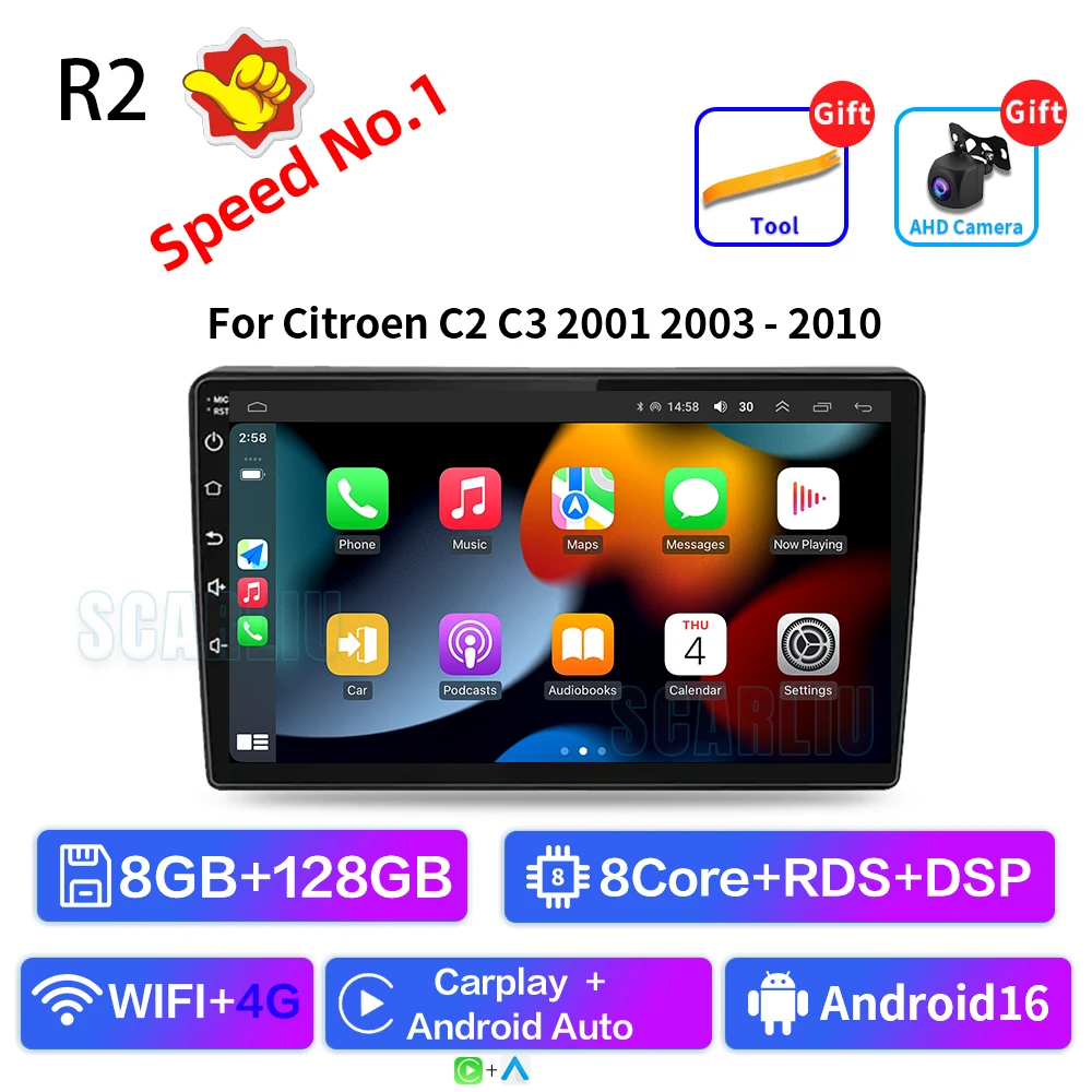SISCL Android Auto Carplay Voor Citroen C2 C3 2001 2003-2010 Autoradio Multimedia Video Player WiFi GPS Navigatie DSP Stereo