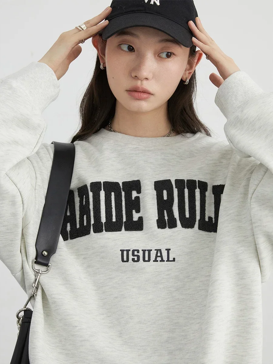 Chique Ven Vrouwen Sweatshirts Casual Pullover Losse Koreaanse Ronde Hals Letter Geborduurde Vrouwelijke Top Herfst 2024