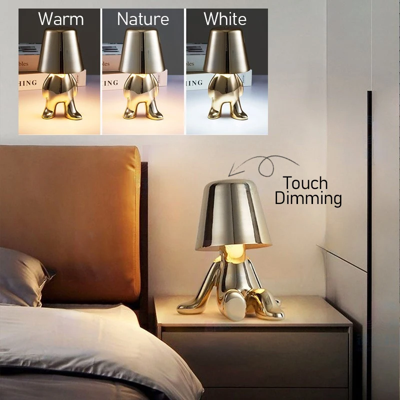 Creative Thinker lampada da tavolo Touch Dimming Night Light Little Golden Man lampada da scrivania LED Cute Resin Gift Decor per Bar/Cafe/Home
