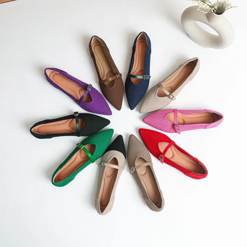 

Women Mary Jane Shoes Pointed Toe 2025 Spring Shallow Cross Strap Women Dress Shoes Breathable Knitted Mid-heel Shoes Ladies