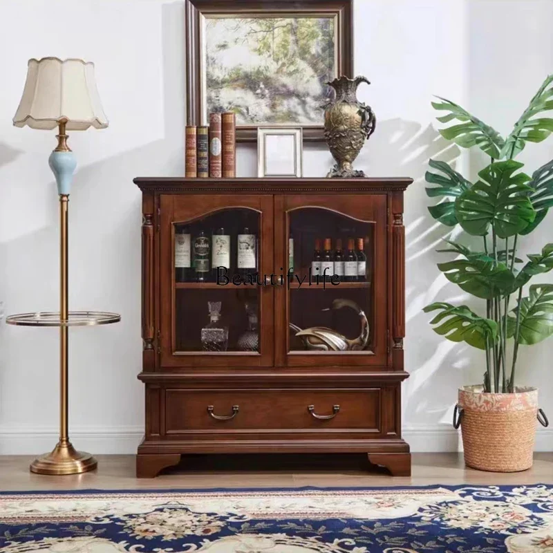 

02American all-solid wood wine cabinet European double door wall glass door display cabinet