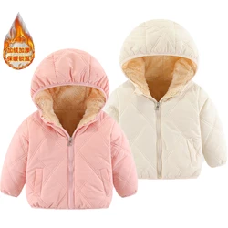 Winter New Girls Jacket Solid Color Lamb Wool Lining Thick Hooded Coats 2-6 Years Kids Plus Velvet Keep Warm Down  Snowsuit