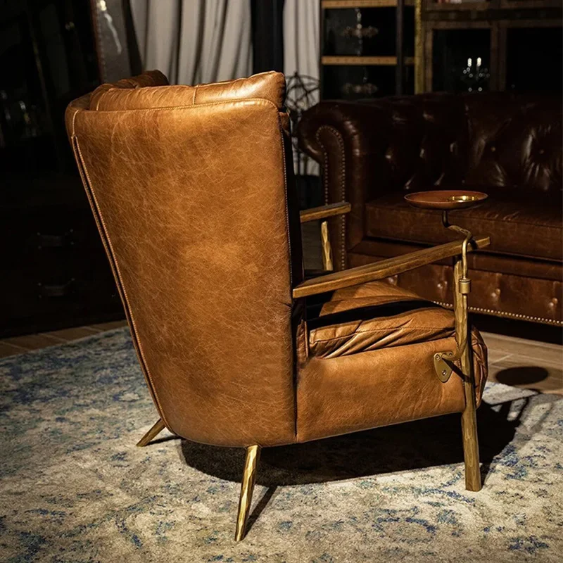 

Genuine leather armrest chair, hand-forged chaise longue chair