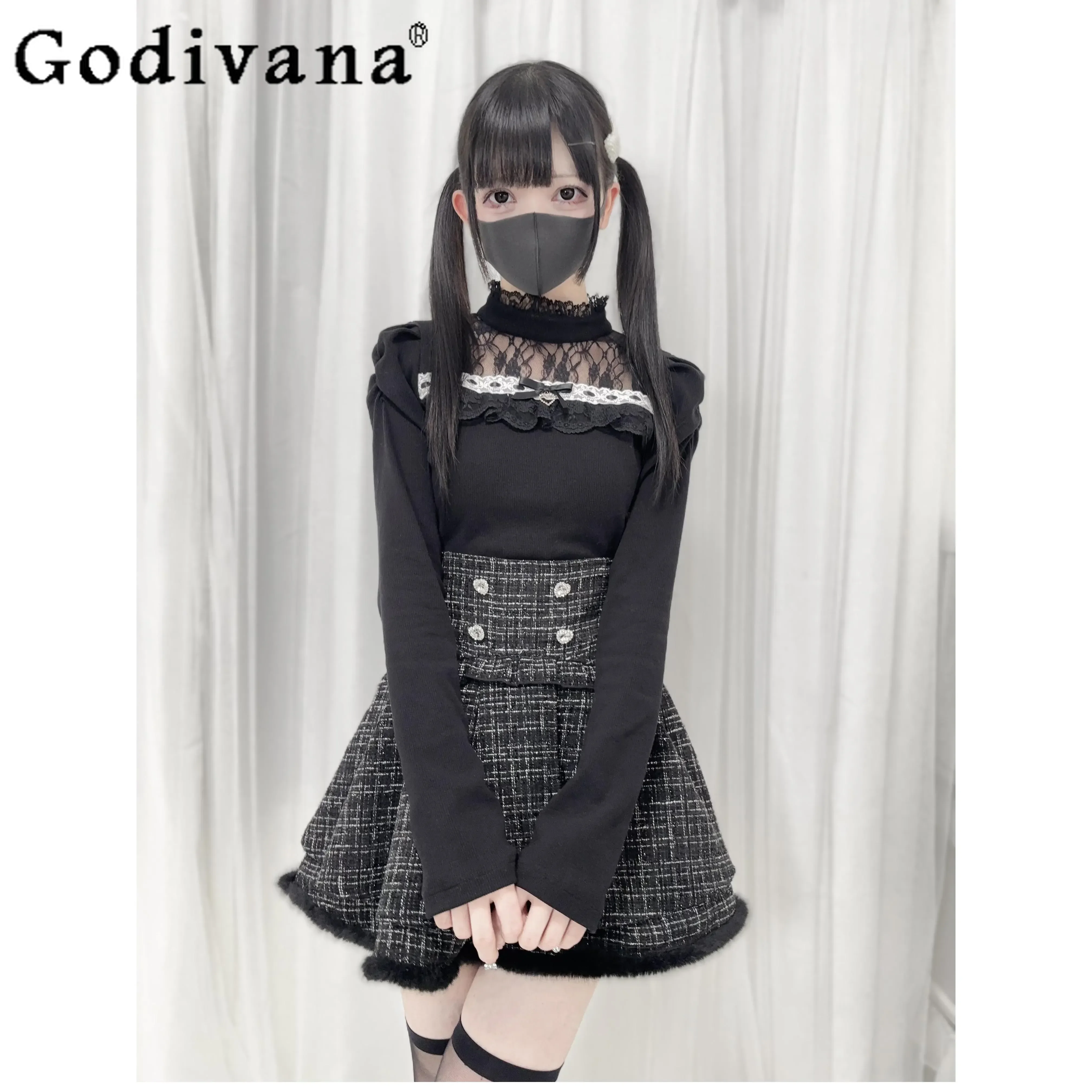 

Japanese Mine Sweet Lace Splicing Stand Collar Long-sleeved Knitted Sweater Top Furry Wool Double-layer High-waisted Short Skirt