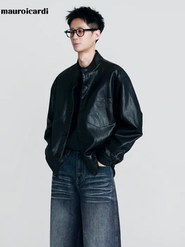 Mauroicardi Spring Autumn Brown Short Black Pu Leather Jacket Men Buttons Zipper Loose Casual Korean Fashion Menswear Clothes 2 Mauroicardi Spring Autumn Brown Short Black Pu Leather Jacket Men Buttons Zipper Loose Casual Korean Fashion Menswear Clothes 2
