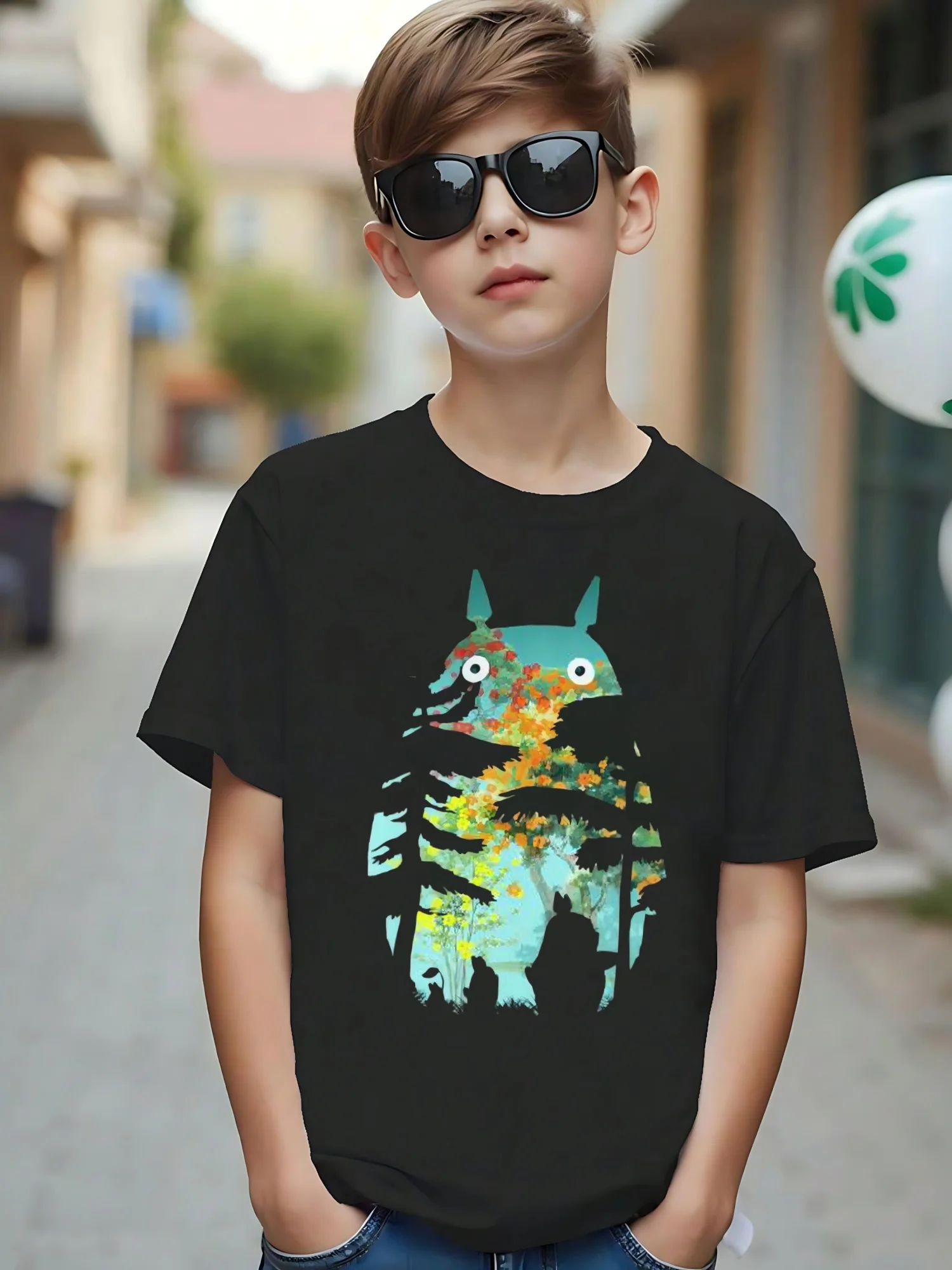 

Humorous Forest Soul Pattern T-shirt - Totoro Inspired Natural Contour Printed Casual Round Neck Short Sleeve T-shirt