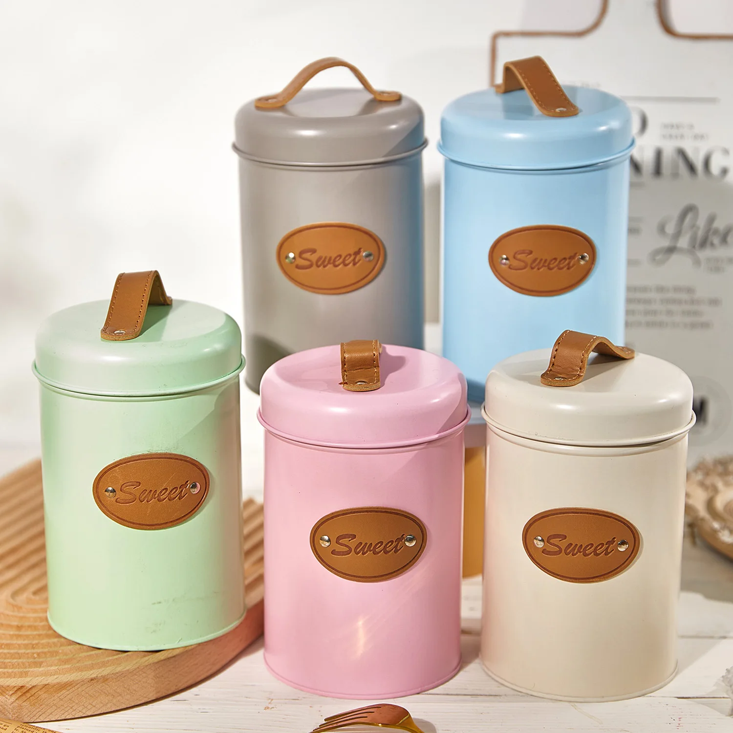 Airtight Kitchen Canister with Lid,Farmhouse Decor Container for Dry Food,Sugar,Coffee,Tea,Colorful Metal Countertop Storage Jar