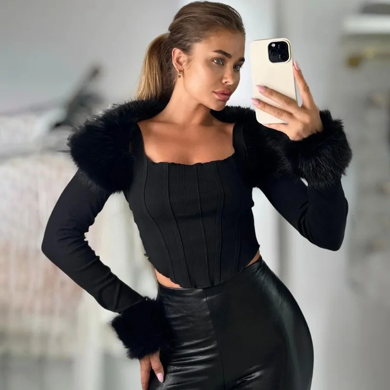 

Tuularose Black Strapless 2-Piece Set Women's Autumn New Faux Fur Collar Cardigan Solid Strapless Sexy Fashion Female Top Set