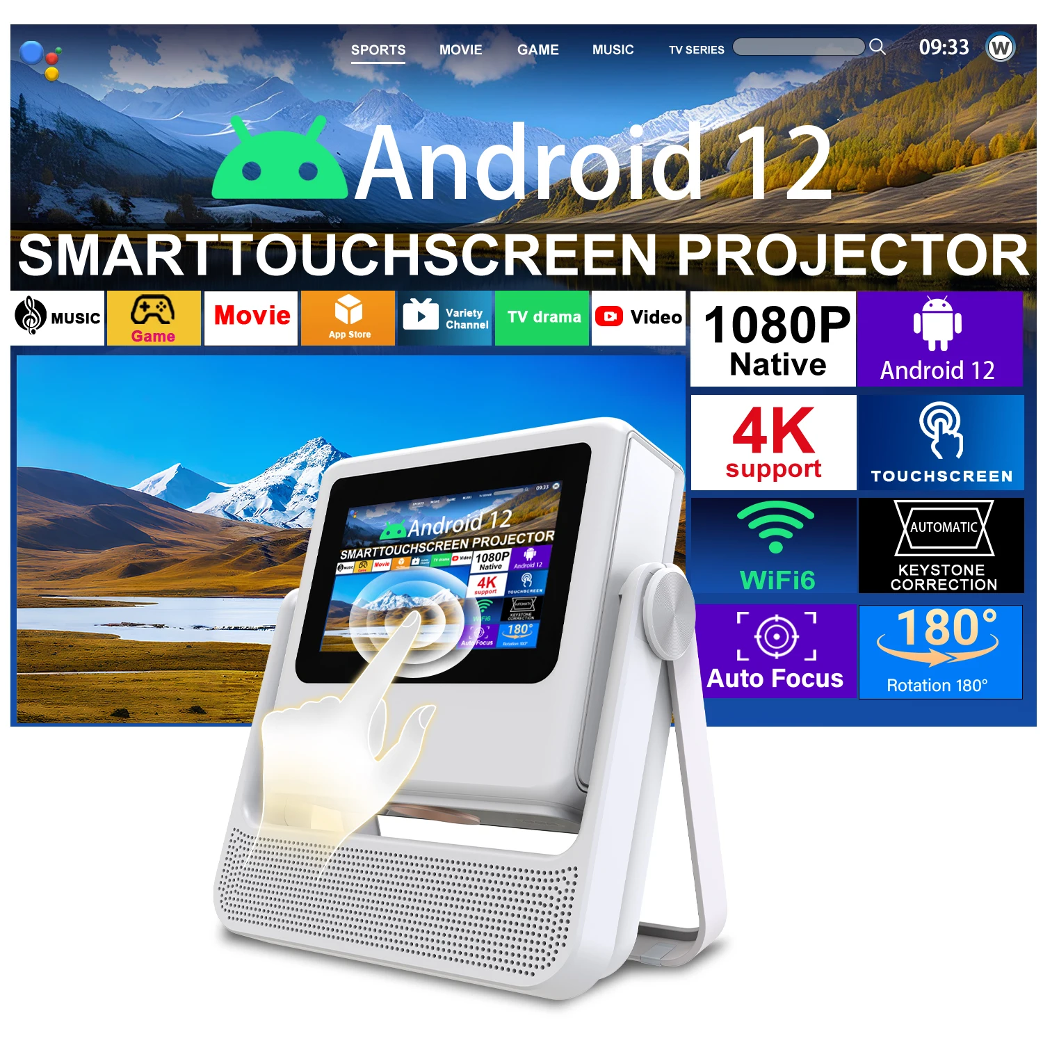 Home Cinema Kids - 7-Zoll Touchscreen-Projektor 4K HDMI USB BT-Lautsprecher