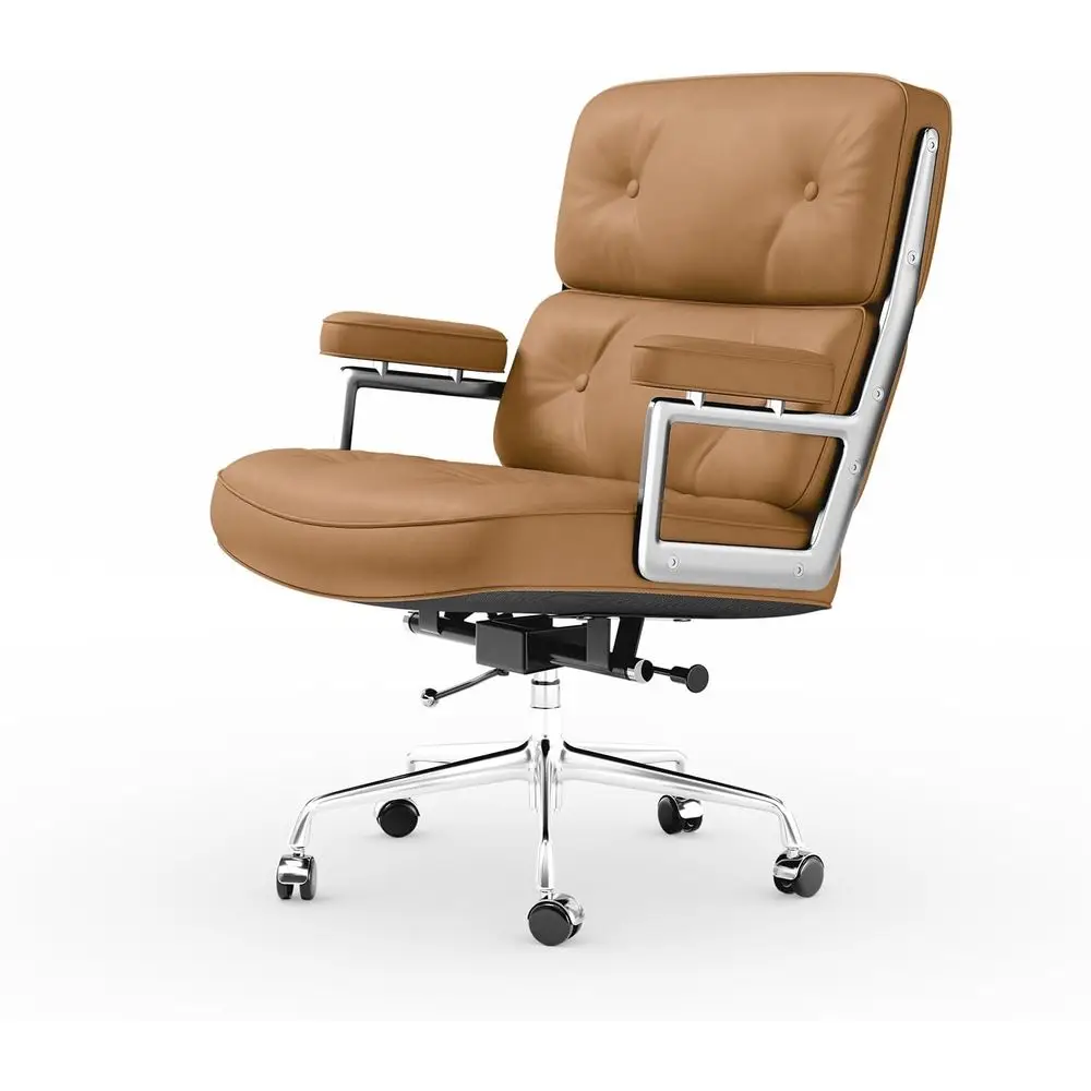

Ergonomic Swivel Leather Office Chair with Thickened Backrest, Lumbar Support, Arms, and Wheels, Light Brown