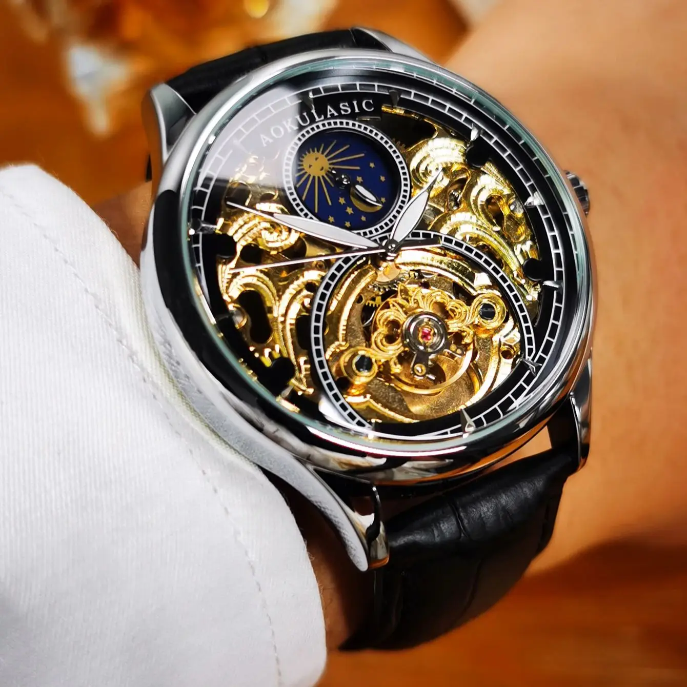 

AOKULASIC Fashion Moon Phase Skeleton Mechanical Watch for Men Luminous Hands Leather Strap Business Automatic Mens Watches New