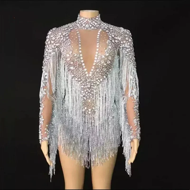 Blauw Rode Strass Transparante Fringe Mouw Bodysuit Nachtclub Bar Danser Team Zanger Sexy Party Verjaardag Stadium Rave Wear