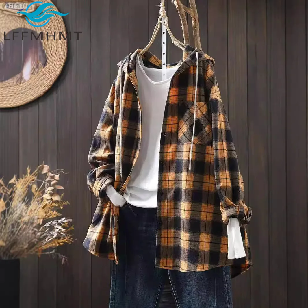 

Винтажная и художественная женская свободная повседневная клетчатая рубашка с капюшоном на пуговицах, модная весенне-осенняя верхняя одежда в классическом стиле для женщин