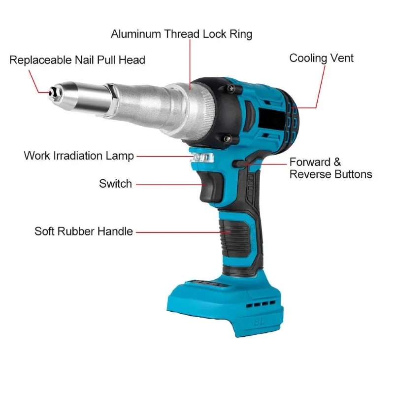 20000N 720W Brushless Electric Rivet Gun 2.4~5.0mm Cordless Rivet Nut Gun Drill Insert Power Tools For Makita 18V Battery