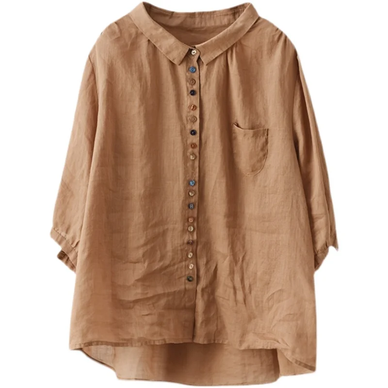 Retro Flachs irt Ele Kragen Lose Top frauen Faion Sommer Marke Baumwolle Reine Farbe Pendeln Sle Taste Detail