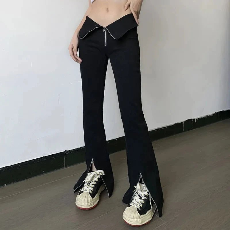 

2024 New Women V-Shaped Flanging Zipper Waist Jeans Female Slim Black Slit Pant Spring Autumn Women Skinny Jeans Long Denim Pant