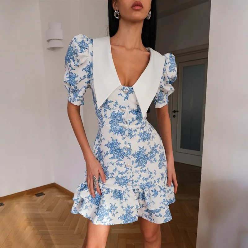 Tsiisd Elegant Women's Floral Print Mini Dress Contrast Ruffle High Waist Romantic Flounce Commuting Party Dress Female Dresses