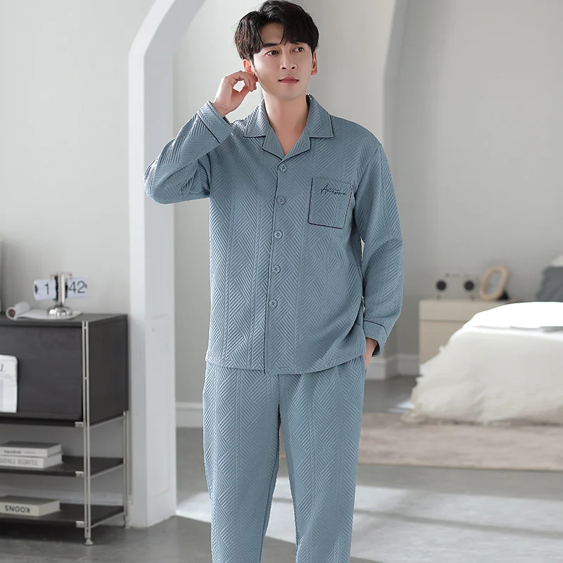 Men laminated air cotton pajamas male letter pattern warm pyjamas thin quilted suit long sleeve pajama winter leisure wear 3XL