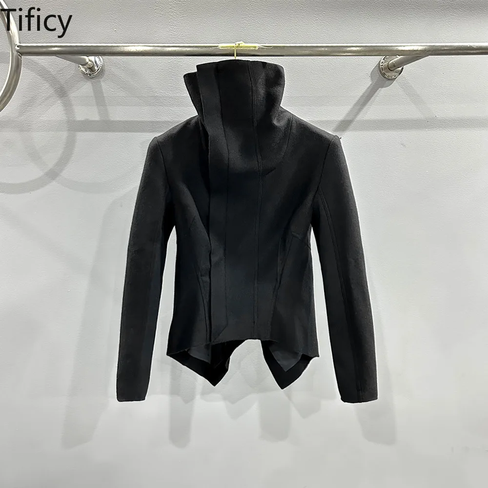 TIFICY High Street Women's Style Dark High Street Style Thin Woolen Fabric Zipper Irregular High Neck Slim Fit Jacket Jacket